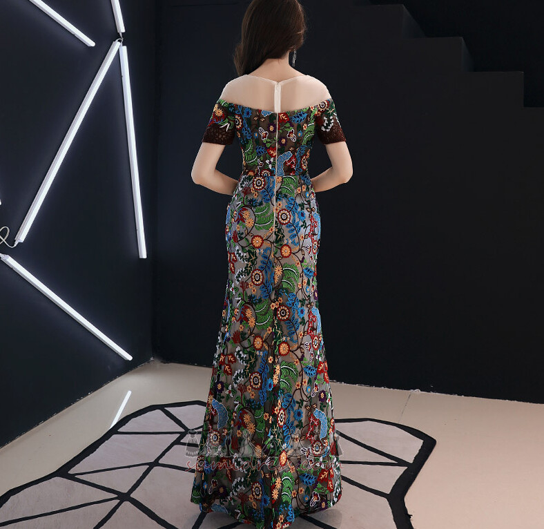 Užtrauktukas iki Elegantiškas Nėriniai perdangos Linija Grindų ilgis Vakarinės suknelė