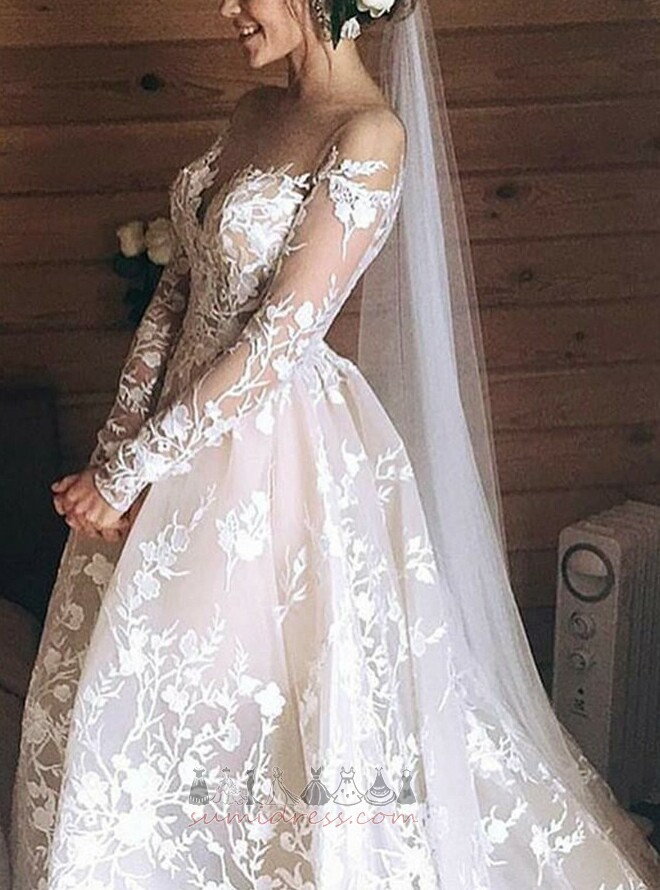 Uzun İllüzyon kollu Aksanlı rozet Bir çizgi Uzun kollu Sırtı açık Düğün Elbise