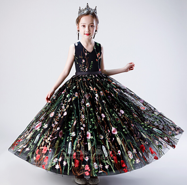 V-kaklo Sūpynės Prabangus Linija Kulkšnies ilgio Tiulis Gėlių mergaičių suknelė