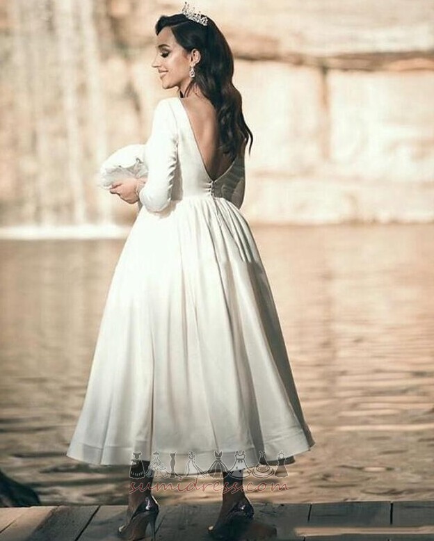 V-Neck 3/4 Length Sleeves Backless Tea Length Button Simple Wedding Dress