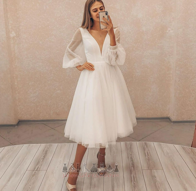 V-Neck A-Line Illusion Sleeves Hemline Calf Natural Waist Summer Wedding Dress