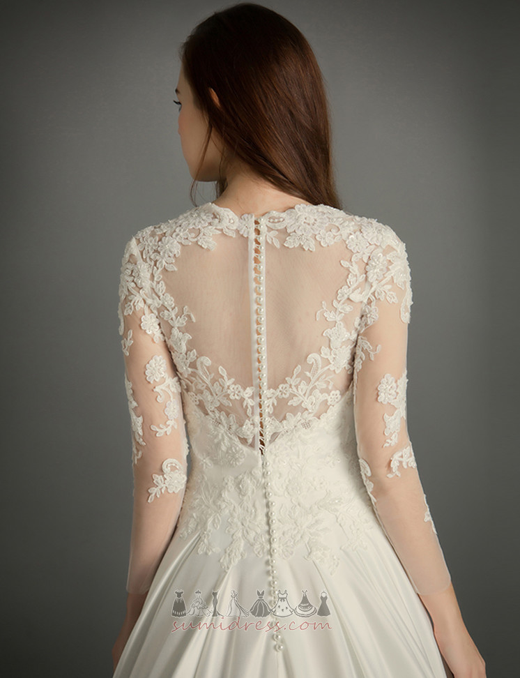 V-Neck Backless Illusion Sleeves Elegant Long Satin Wedding Dress