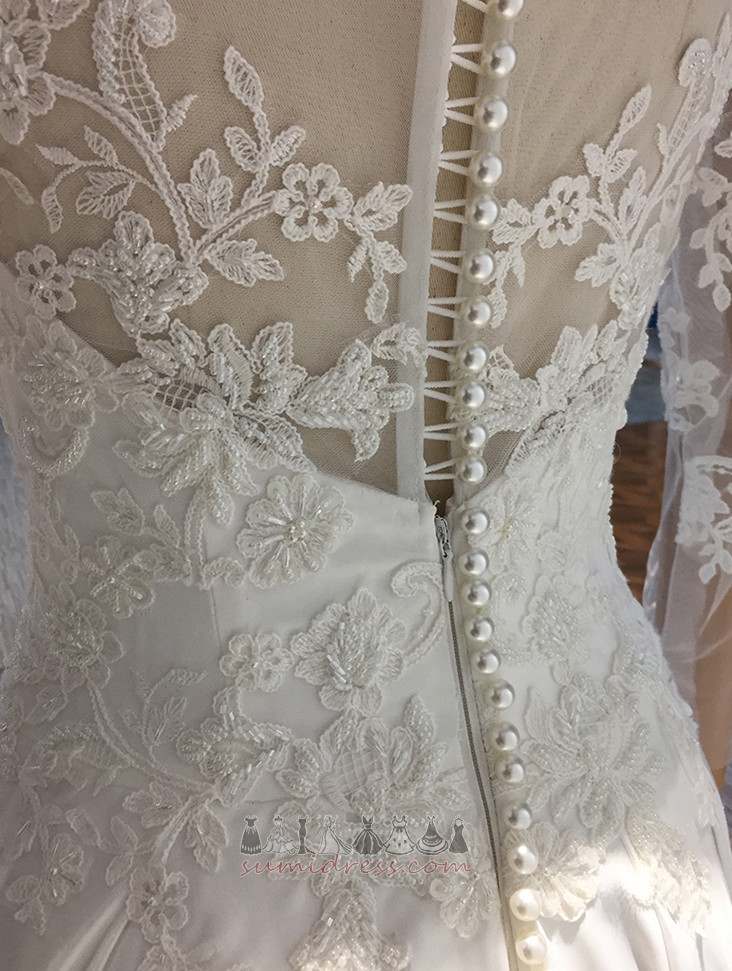 V-Neck Backless Illusion Sleeves Elegant Long Satin Wedding Dress