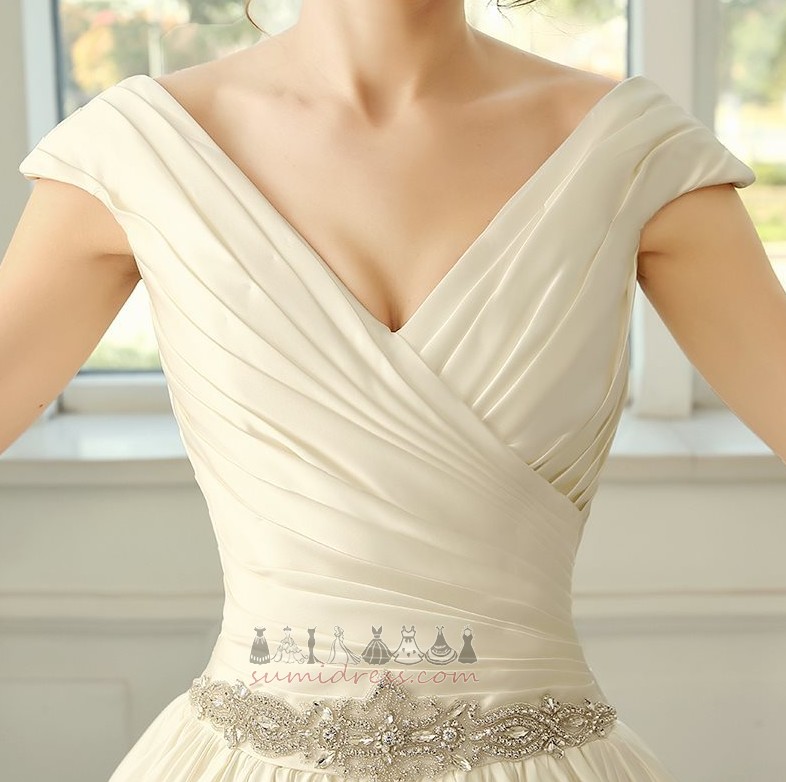 V-Neck Beaded Belt A-Line Vintage Long Satin Wedding Dress