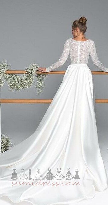 V-Neck Beading Long Sleeves A-Line T-shirt Satin Wedding Dress