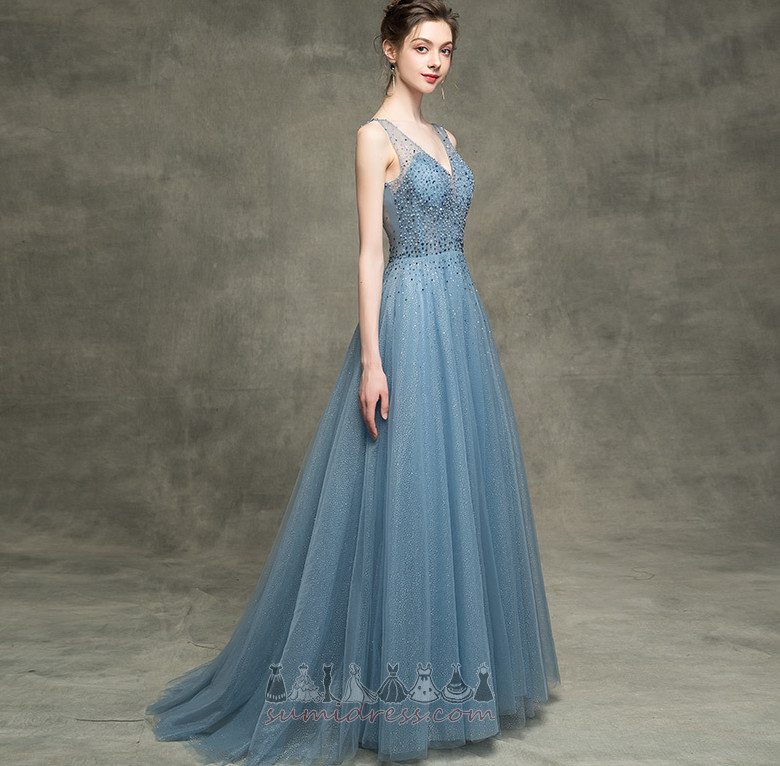 V-Neck Crystal Sweep Train Elegant Tulle Inverted Triangle Evening gown