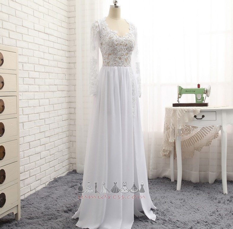 V-Neck Elegant Long Sleeves A-Line Zipper Up Beach Wedding Dress