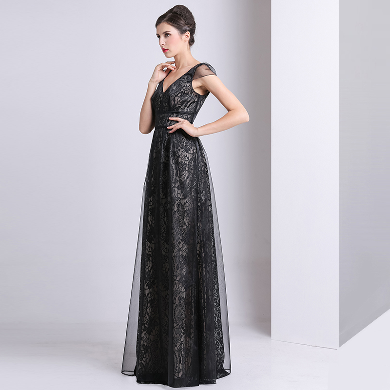 V-Neck Floor Length Lace Natural Waist Sleeveless Sweep Train Evening Dress