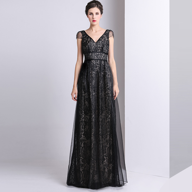 V-Neck Floor Length Lace Natural Waist Sleeveless Sweep Train Evening Dress
