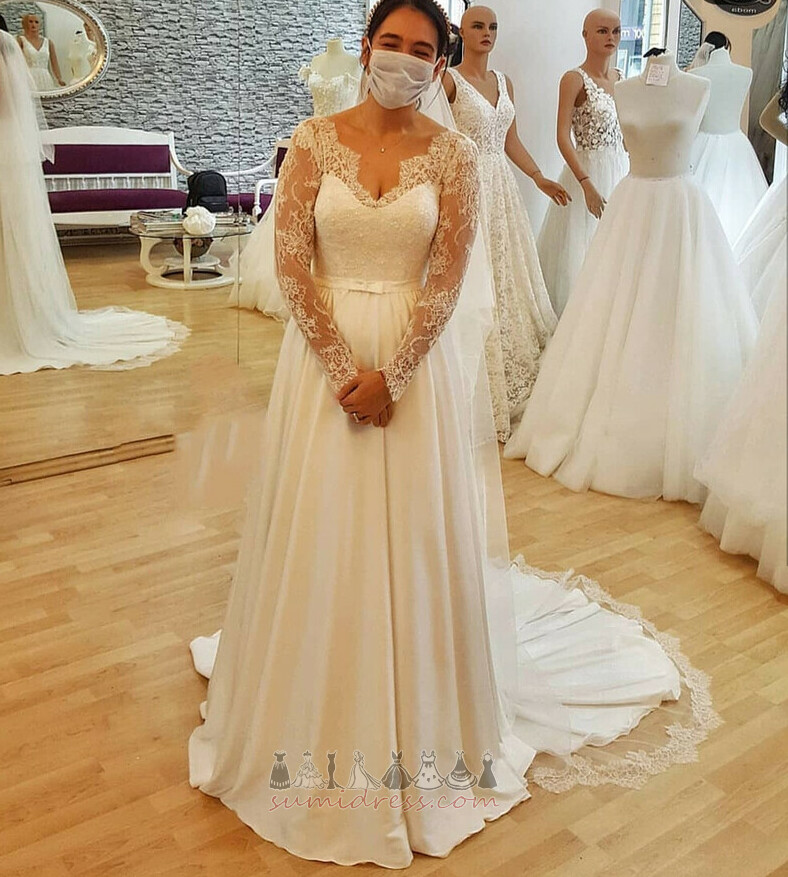 V-Neck Lace A-Line Zipper Up Sweep Train Satin Wedding Dress