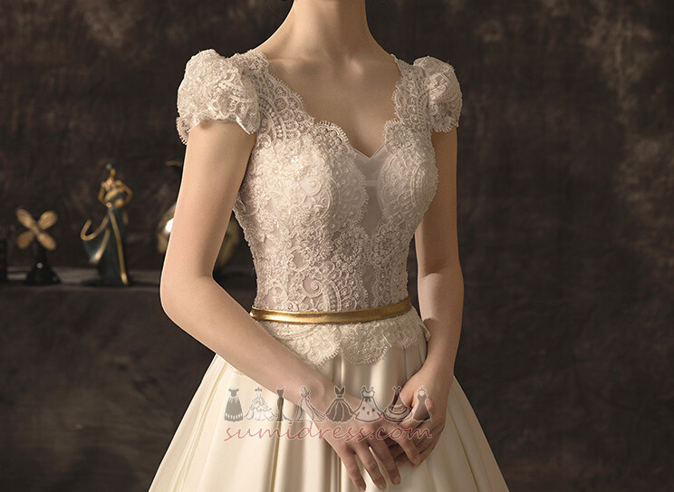 V-Neck Lace Overlay Medium A-Line Long Short Sleeves Wedding gown