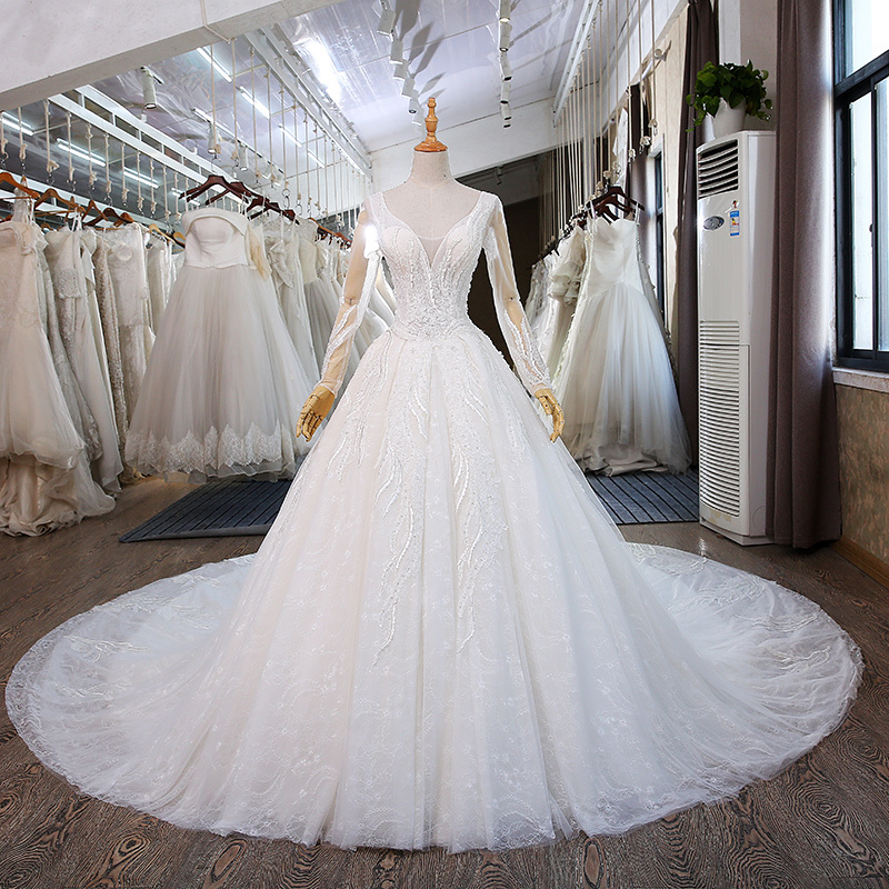 V-Neck Lace-up Royal Train Applique Natural Waist A-Line Wedding Dress