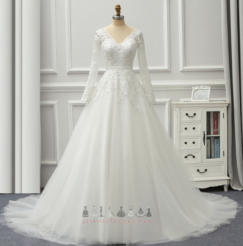 V-Neck Long Sleeves Illusion Sleeves Lace Hall Formal Wedding Dress