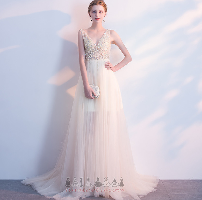 V-Neck Medium A-Line Jewel Bodice Sleeveless Backless Prom Dress