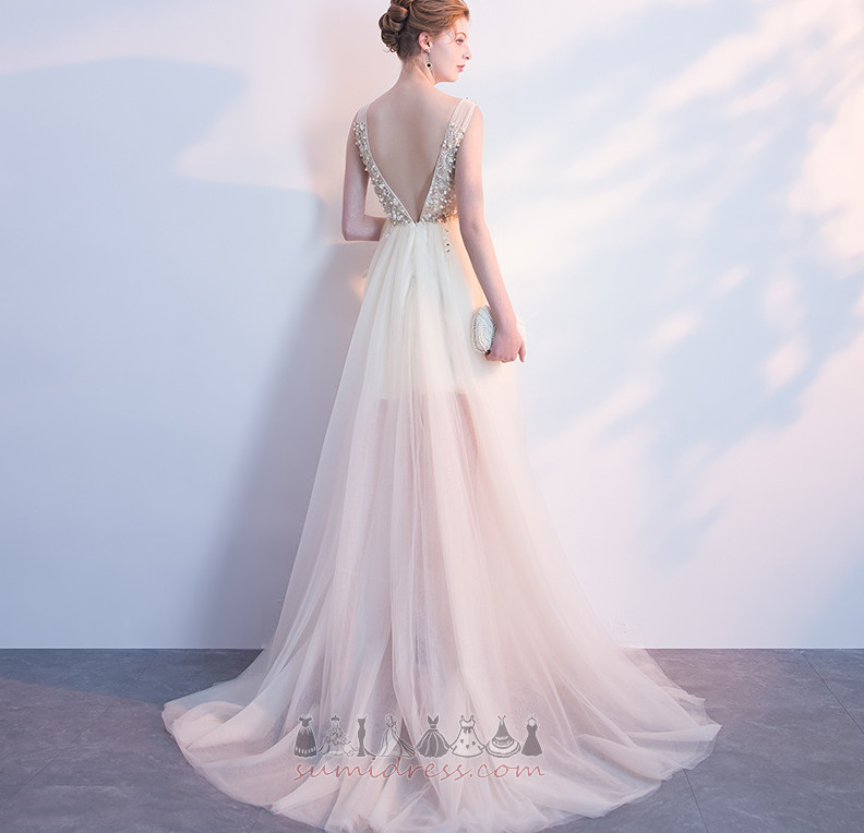 V-Neck Medium A-Line Jewel Bodice Sleeveless Backless Prom Dress