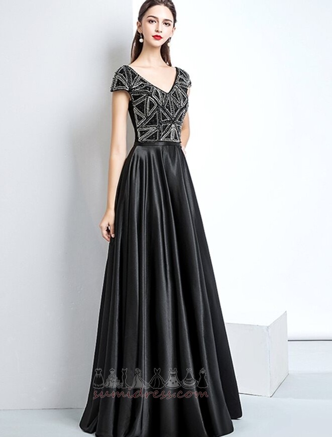 V-Neck Medium Short Sleeves Lace-up Capped Sleeves A-Line Evening Dress