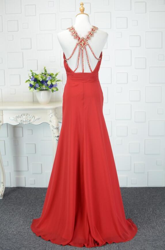 V-Neck Natural Waist Floor Length Chiffon Mid Back Sleeveless Evening Dress