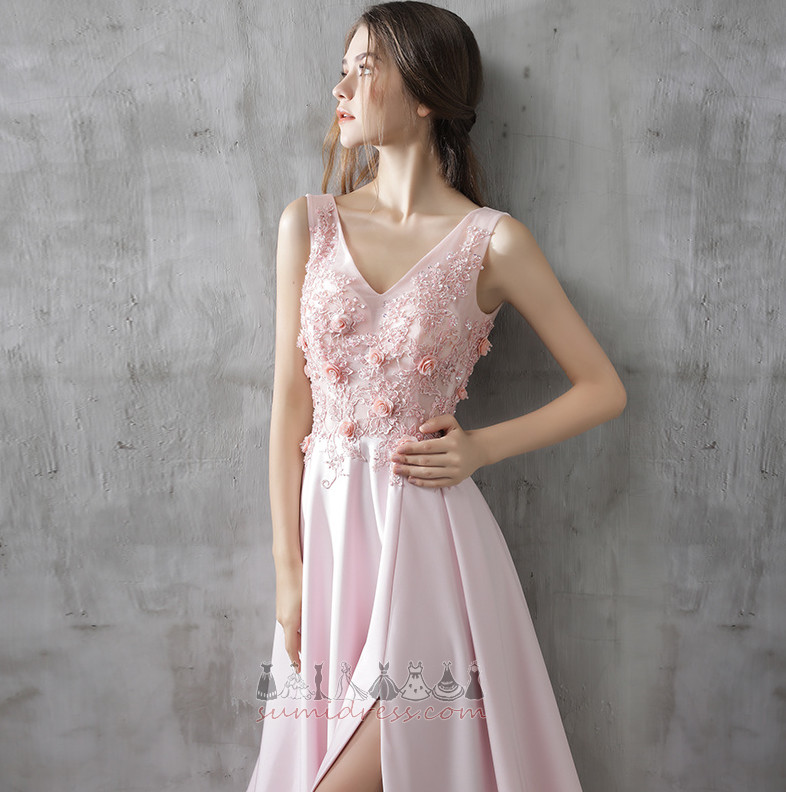 V-Neck Natural Waist Satin Medium Front Slit A-Line Prom Dress