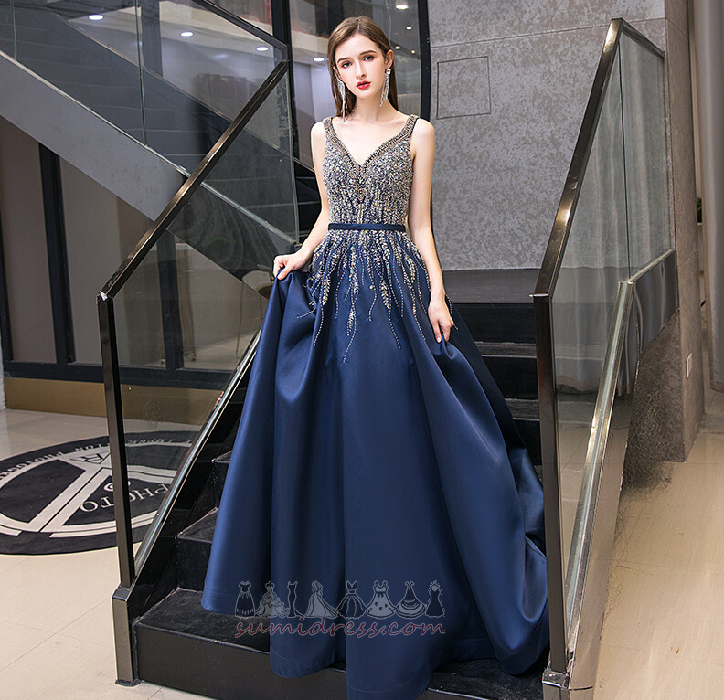 V-Neck Natural Waist Sleeveless Floor Length Jewel Bodice Beading Prom Dress