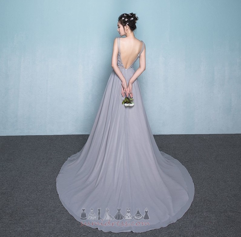 V-Neck Sweep Train Lace A-Line Long Elegant Bridesmaid Dress