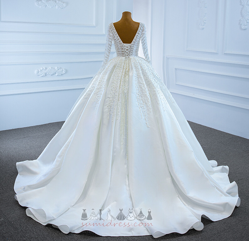 V-образно деколте дълго Дълги ръкави Църква Сатен Бижу ударения елече сватбена рокля