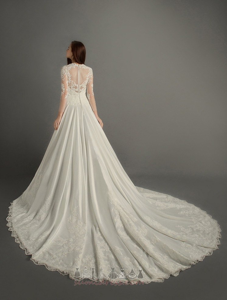 V-подібним вирізом ілюзія рукава Довго атлас Елегантний без спинки Весільна сукня