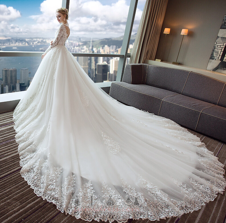 V-подібним вирізом ілюзія рукава середа зал довгі рукави аплікації Весільна сукня