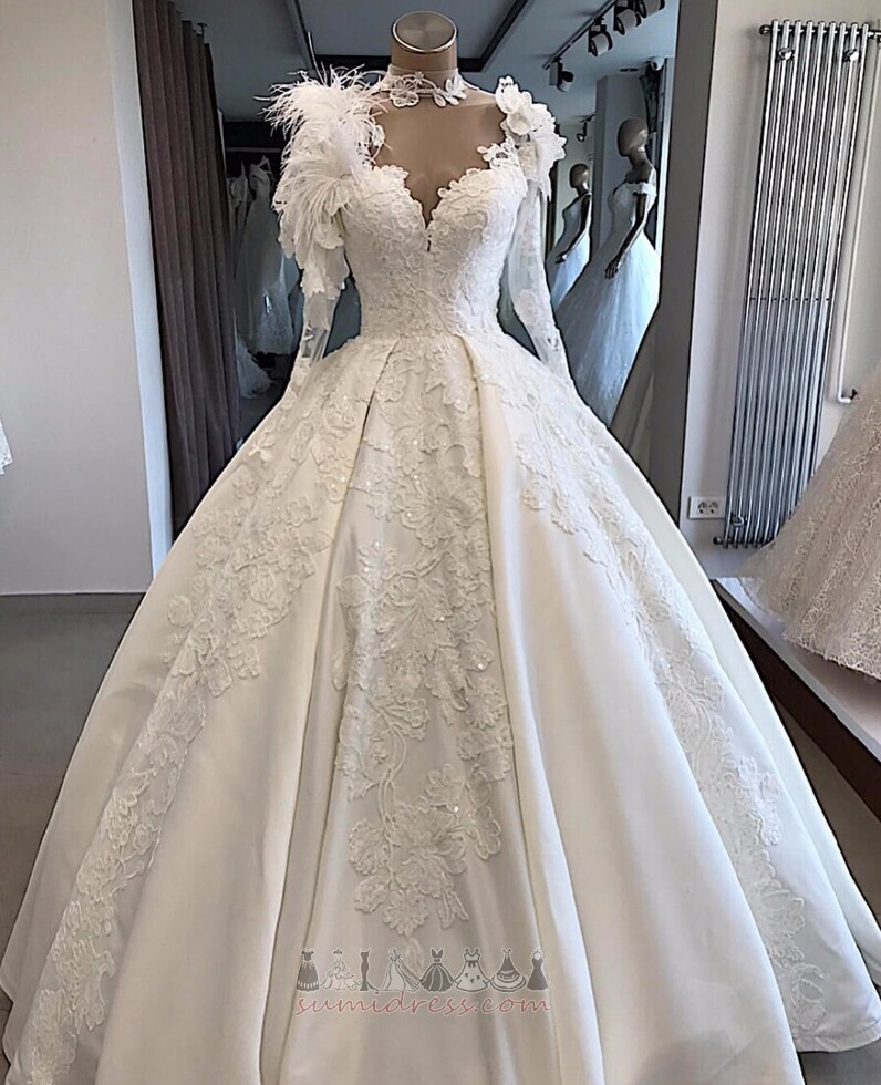 V-подібним вирізом кнопка Довго чиста назад ілюзія рукава атлас Весільна сукня