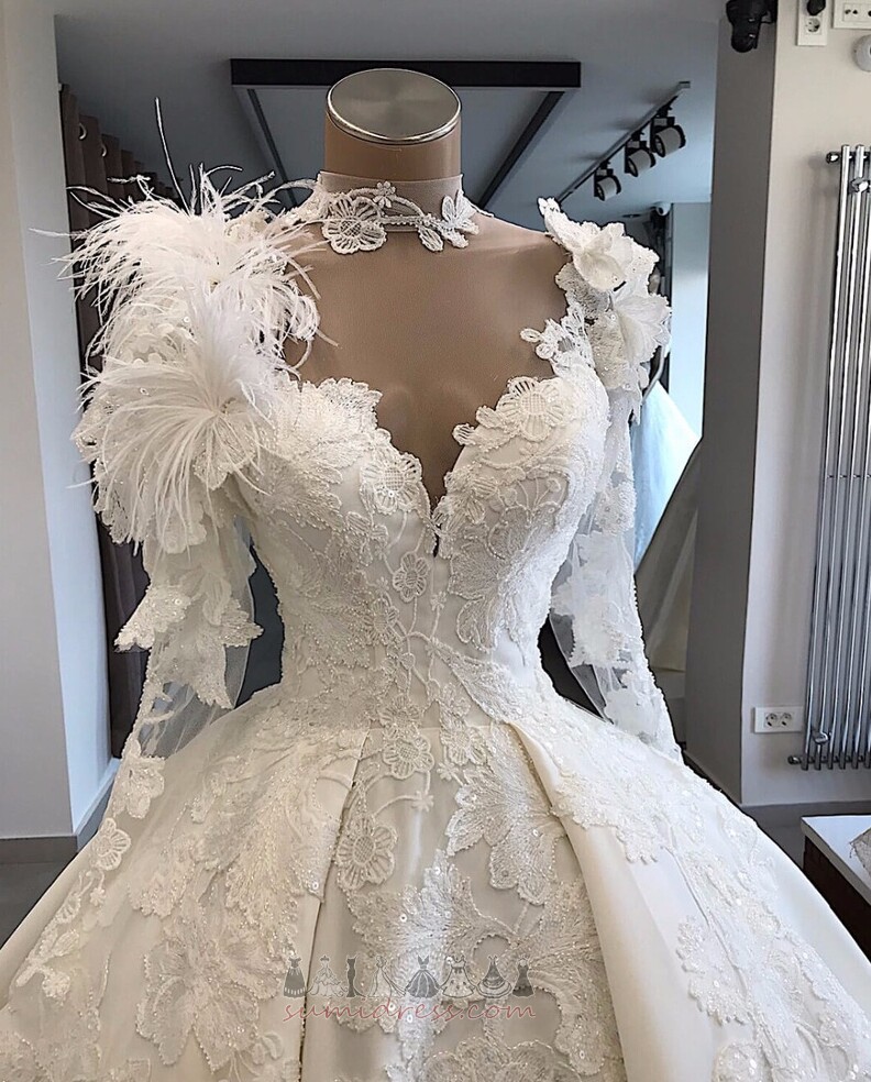 V-подібним вирізом кнопка Довго чиста назад ілюзія рукава атлас Весільна сукня