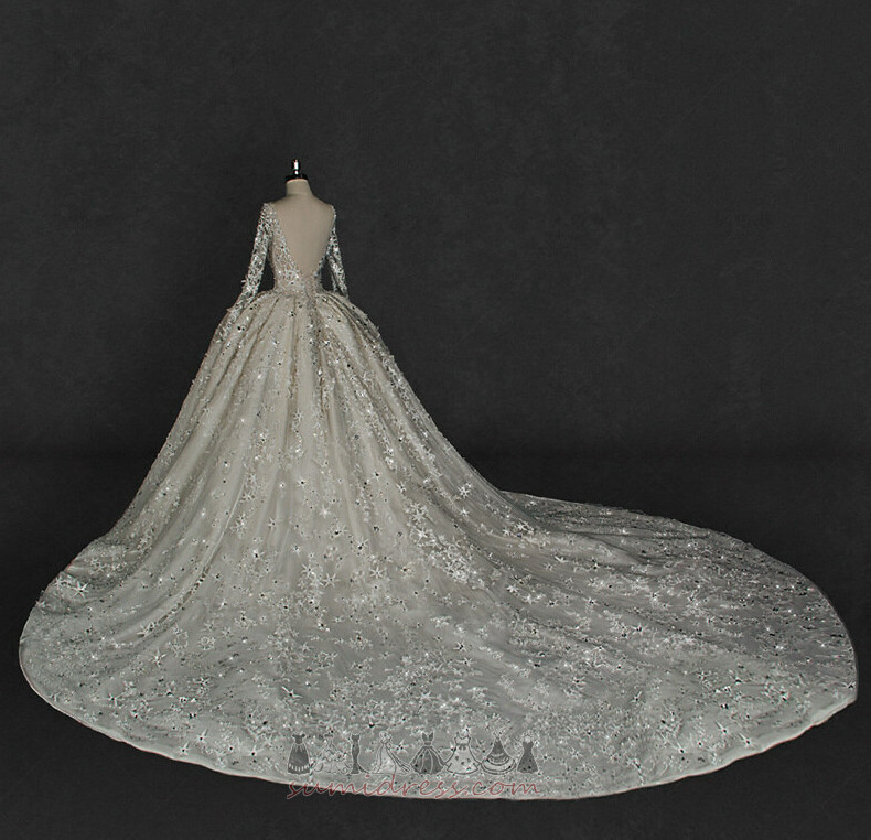 V-подібним вирізом романтичний падати мереживо ілюзія рукава без спинки Весільна сукня