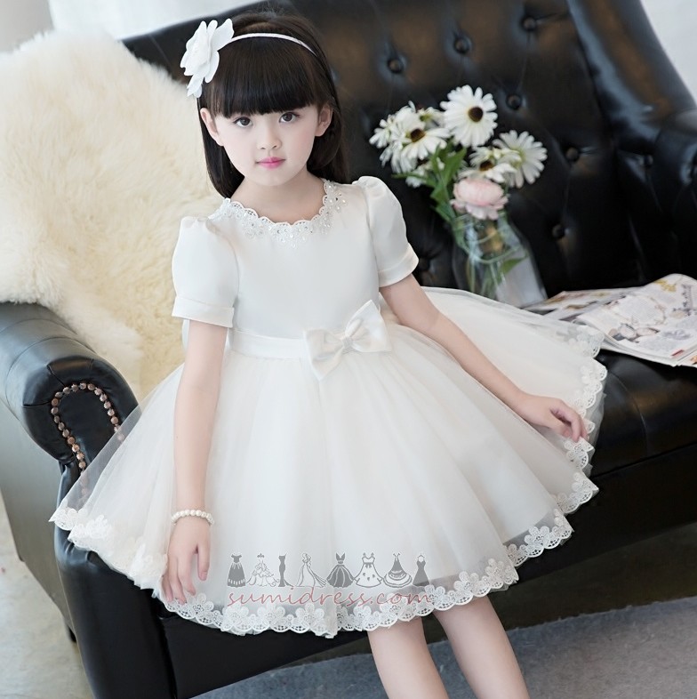 vestido da menina de flor Bow acentuado Camiseta Zíper Renda Manga curta Formato A