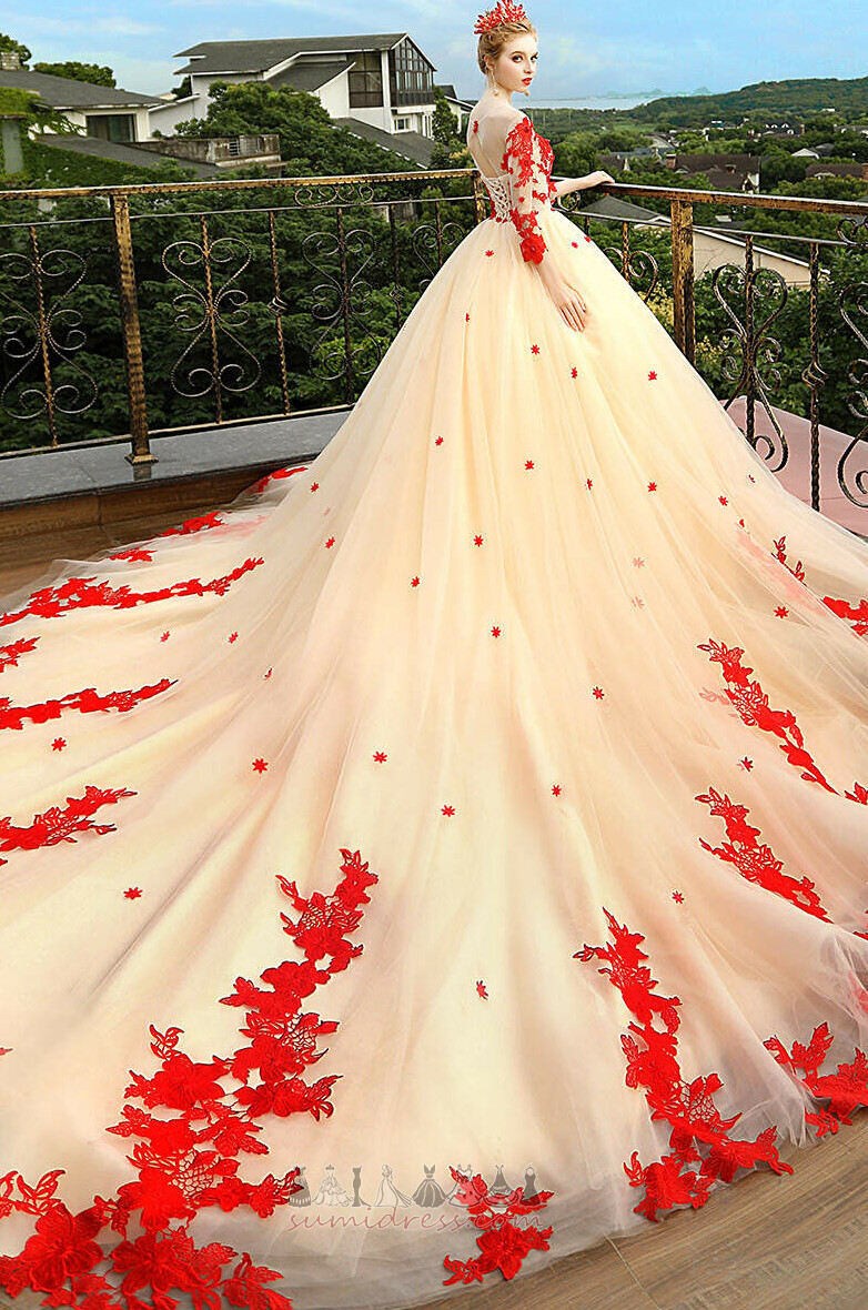 Vestido de casamento Manga comprida Longo Salão Trem real Rosette acentuado Natural