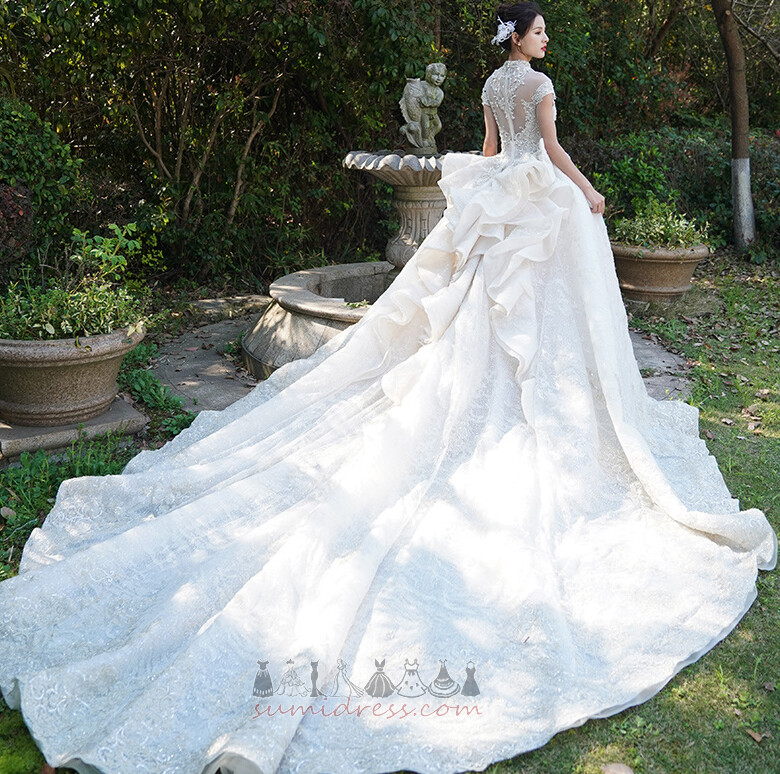 Vestido de casamento Manga curta Gola alta Zíper Formato A Salão Primavera