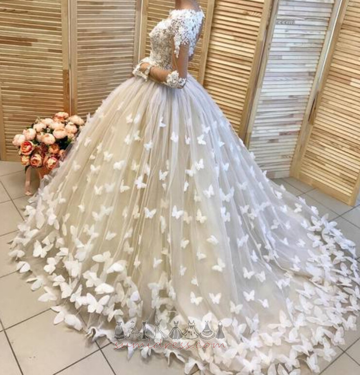 Vestido de casamento Transparente Applique Natural Decote V Primavera Trem da varredura