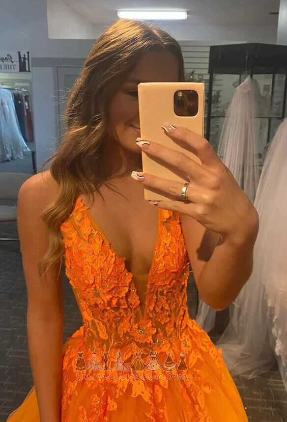 vestido de fiesta Escote en V Apliques Sin mangas Largo Triángulo Invertido A Línea