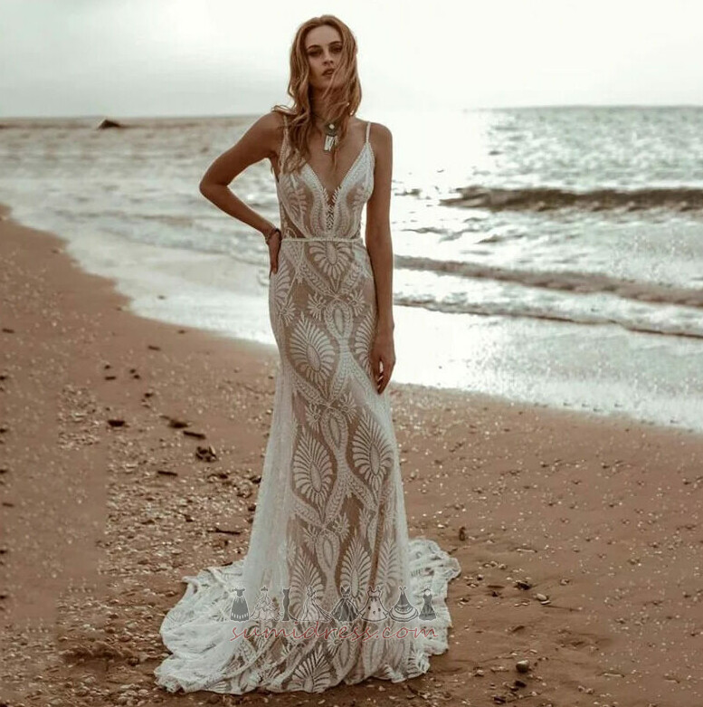 Vestido de Novia Corte Sirena Largo Baja escote en V Cola Barriba Natural Encaje