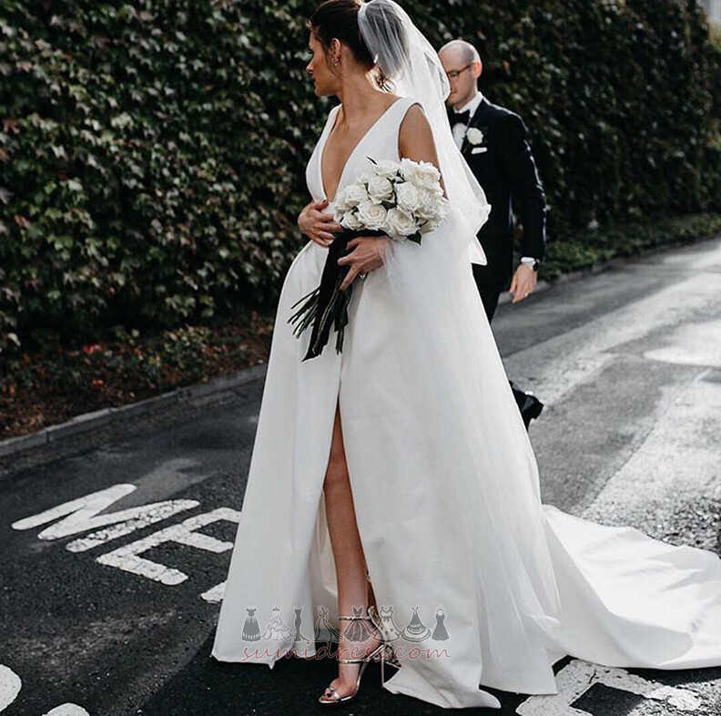 Vestir de casamento Beach Decote V Dividir Frente Cetim Formato A Sem Costas
