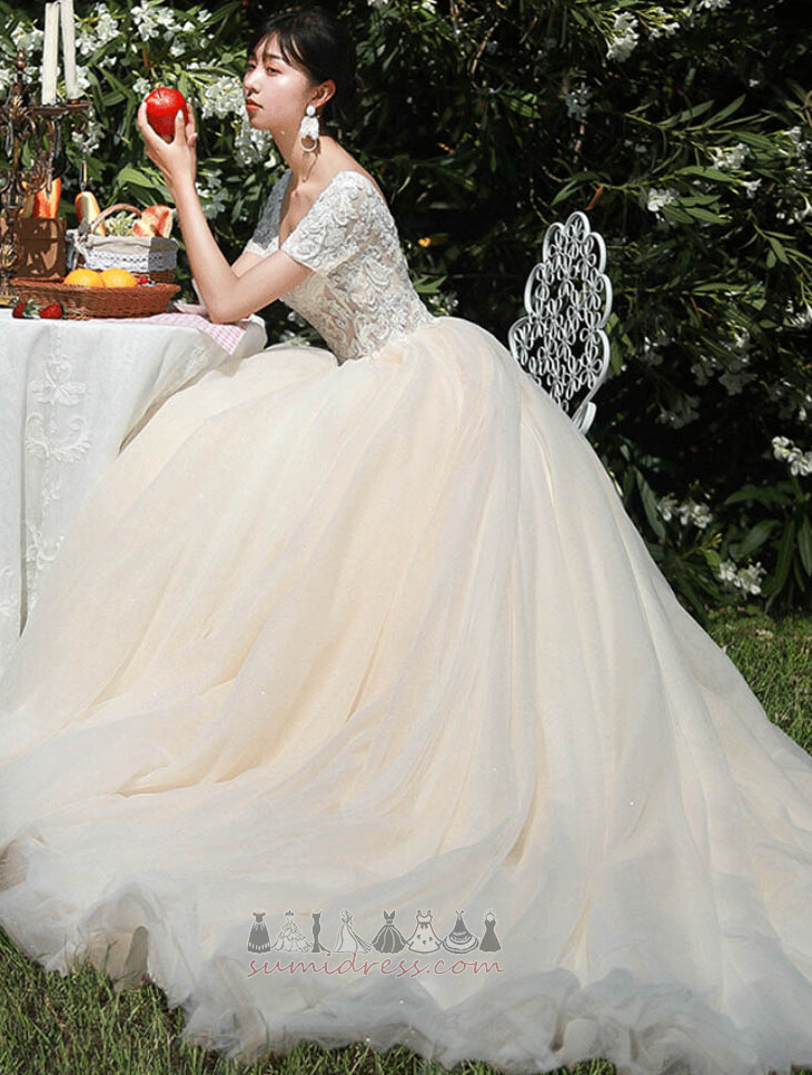Vestir de casamento Formato A Tule Missangas Natural Trem da varredura Longo