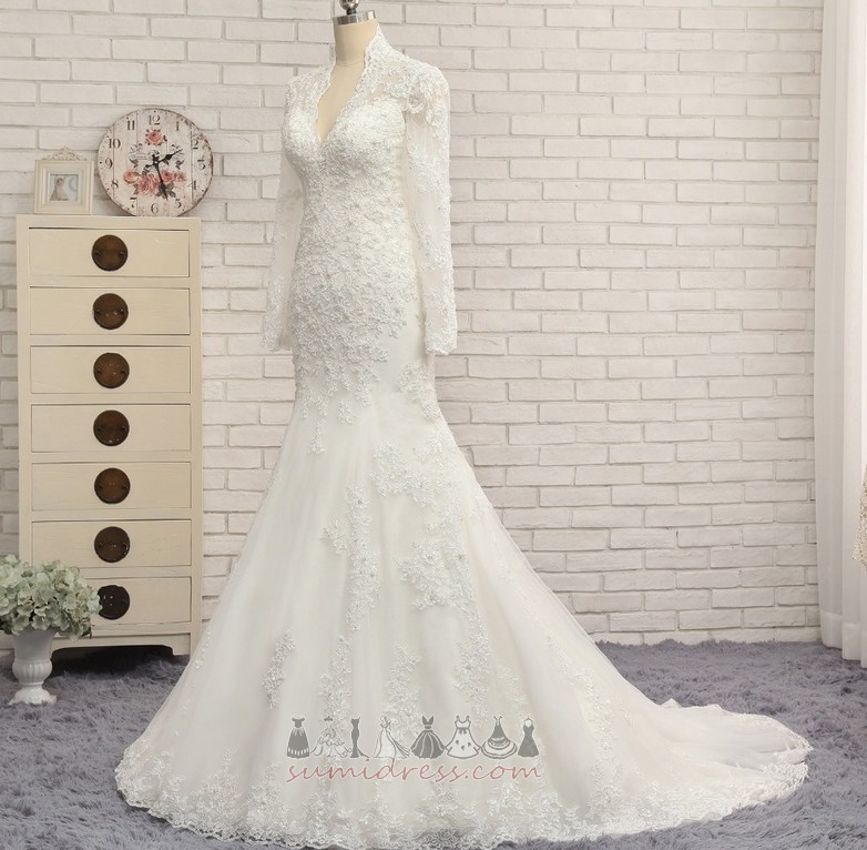 Vestito da sposa lunghezza del piano Cerniera T camicia Lace Coperta Perline Maniche Lunghe