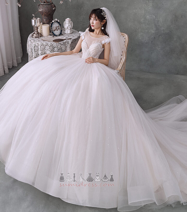 Voile Long Jewel Bodice Scoop Church Royal Train Wedding Dress