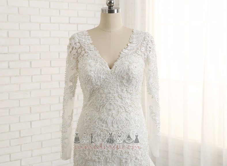 Watteau-släp Tyll Golv-längd Sommar V-ringning Medium Bröllopsklänning