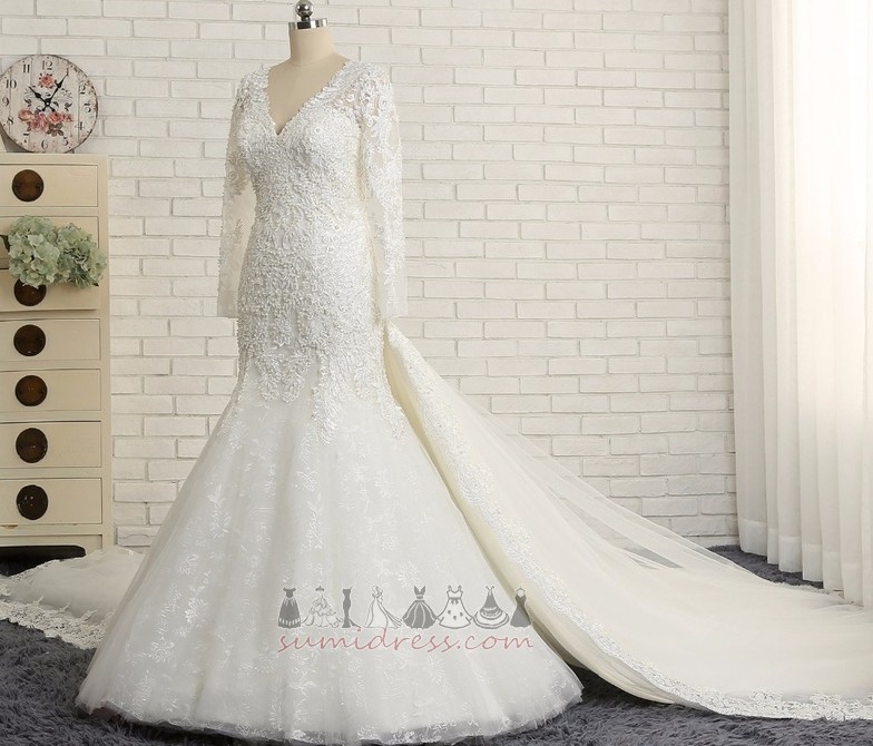 Watteau-släp Tyll Golv-längd Sommar V-ringning Medium Bröllopsklänning