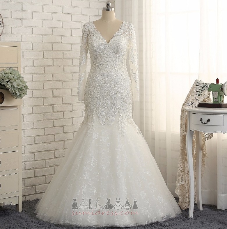 Watteau-släp Tyll Golv-längd Sommar V-ringning Medium Bröllopsklänning