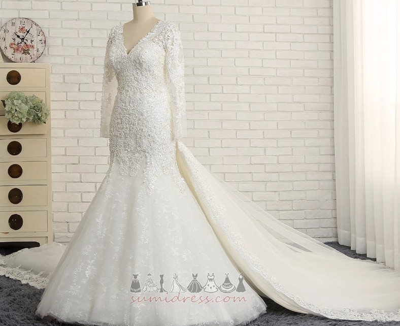 Watteau-släp Tyll Golv-längd Sommar V-ringning Medium Bröllopsklänning