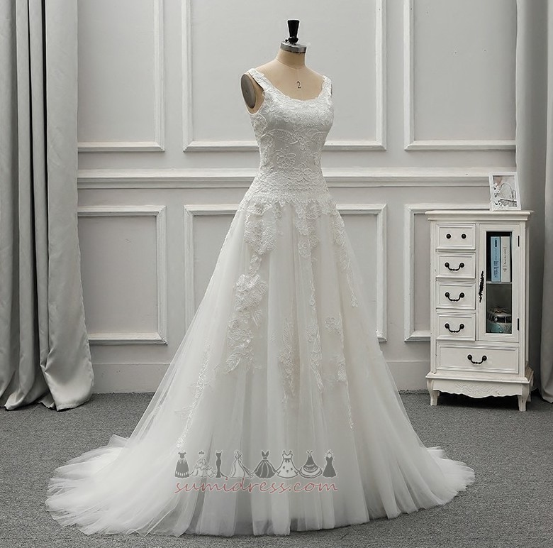 Wide Straps Long Binding Tulle Hall A-Line Wedding Dress