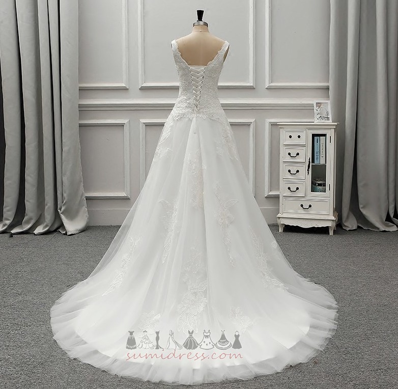 Wide Straps Long Binding Tulle Hall A-Line Wedding Dress