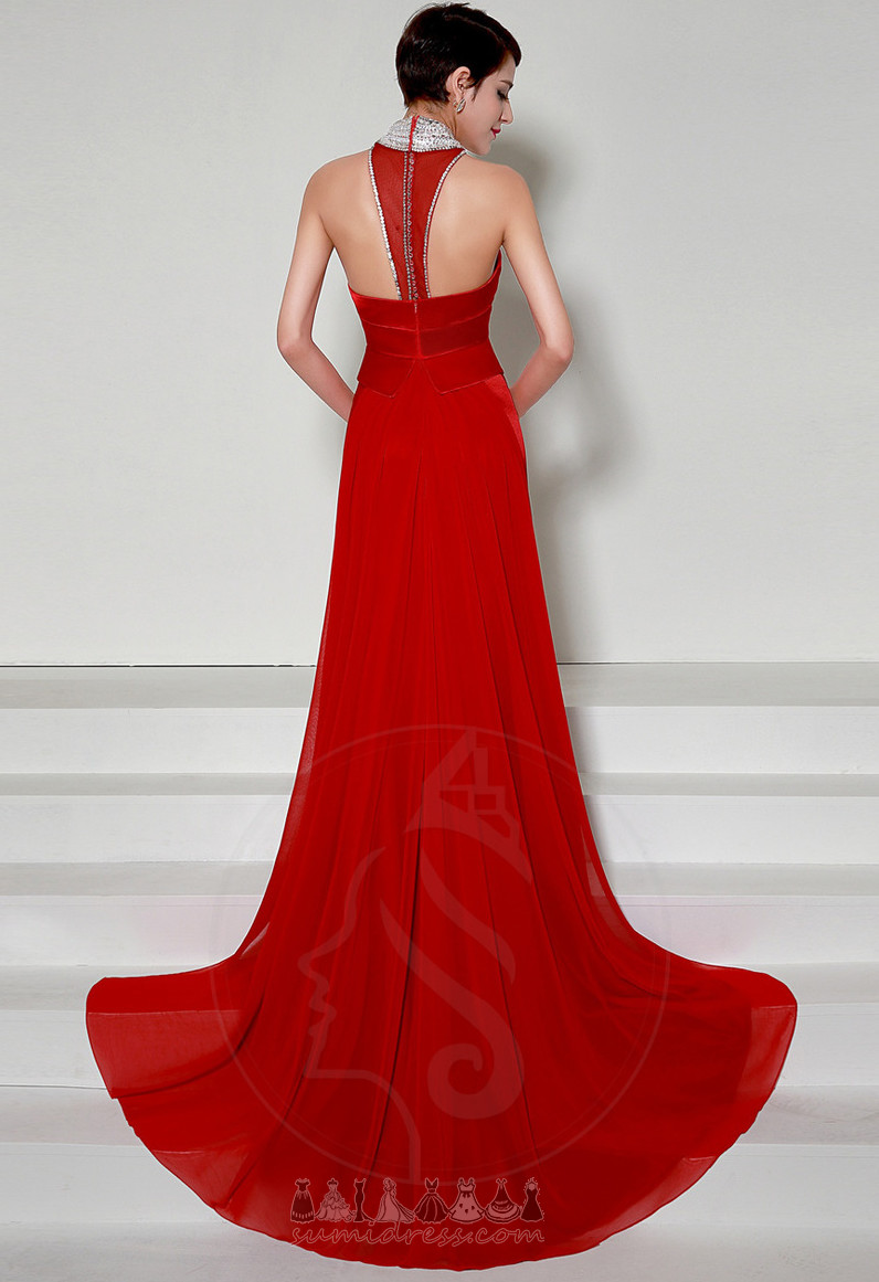 Winter Formal High Neck Sweep Train Mid Back A-Line Evening Dress