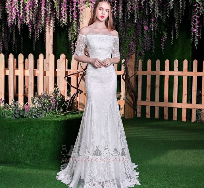 З плеча русалка Елегантний короткі рукави літо Мереживо Overlay Весільна сукня