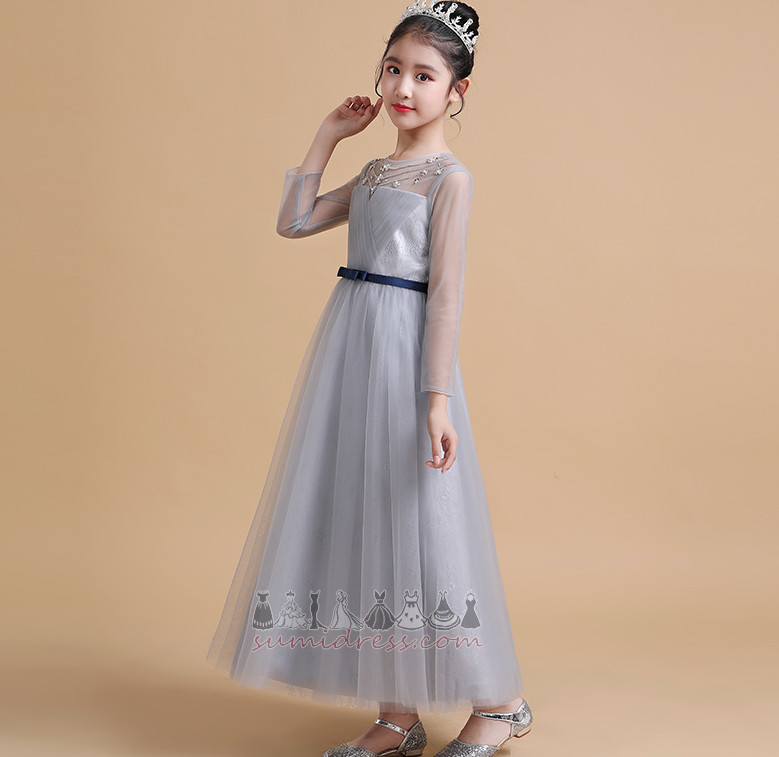Zipper Up Accented Bow Ankle Length Natural Waist Long Sleeves Tulle Flower Girl Dress