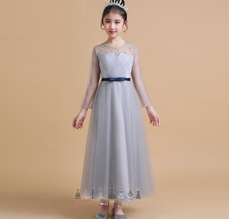 Zipper Up Accented Bow Ankle Length Natural Waist Long Sleeves Tulle Flower Girl Dress